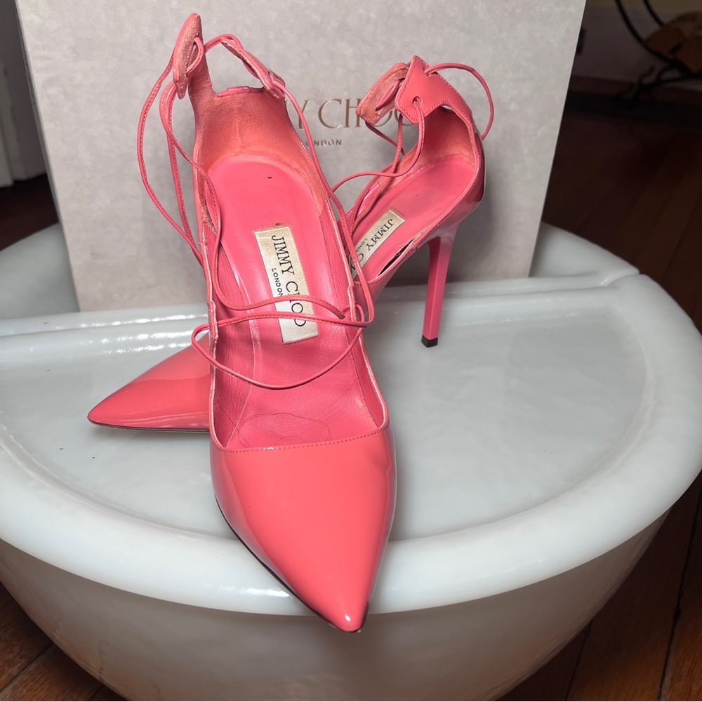 JIMMY CHOO Vita 100 Lace Up Pumps Patent Leather Coral Pink Size 6.5